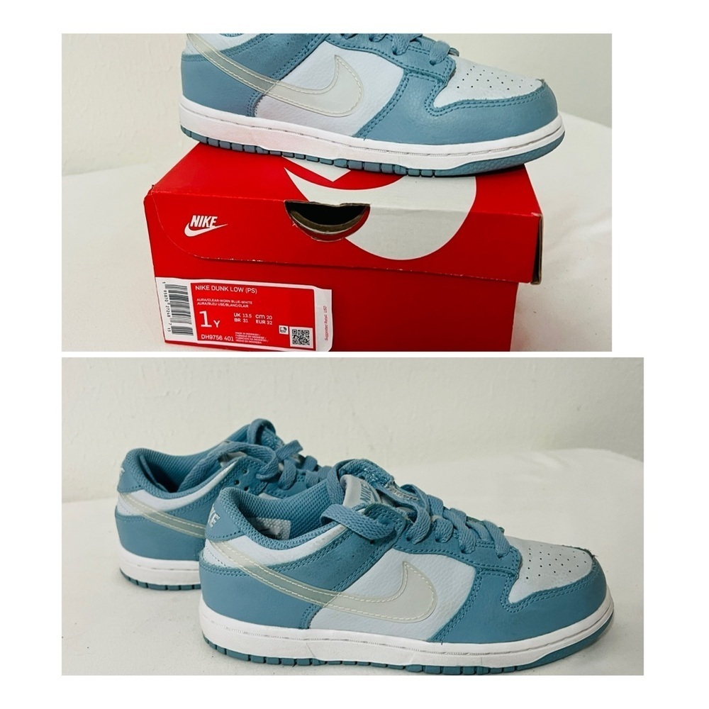 Nike Dunk Low (PS) 1Y Aura Clear Blue Swoosh White EUC DH9756 401 Casual